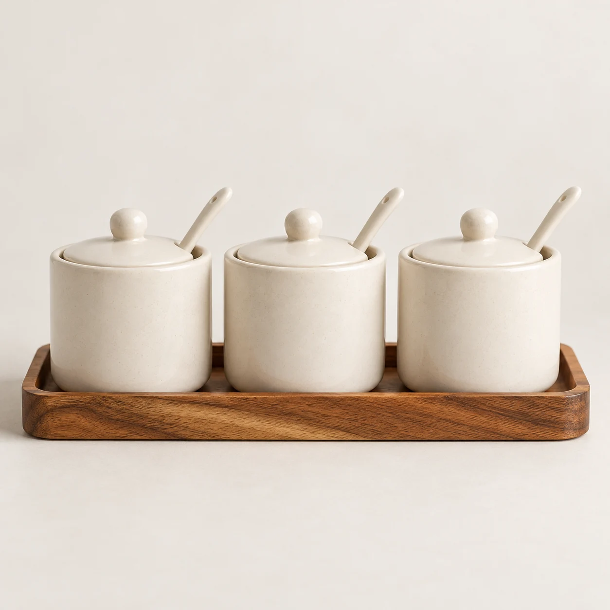 Ceramic Seasoning Station — 3 jars + 3 lids + 3 spoons + 1 tray