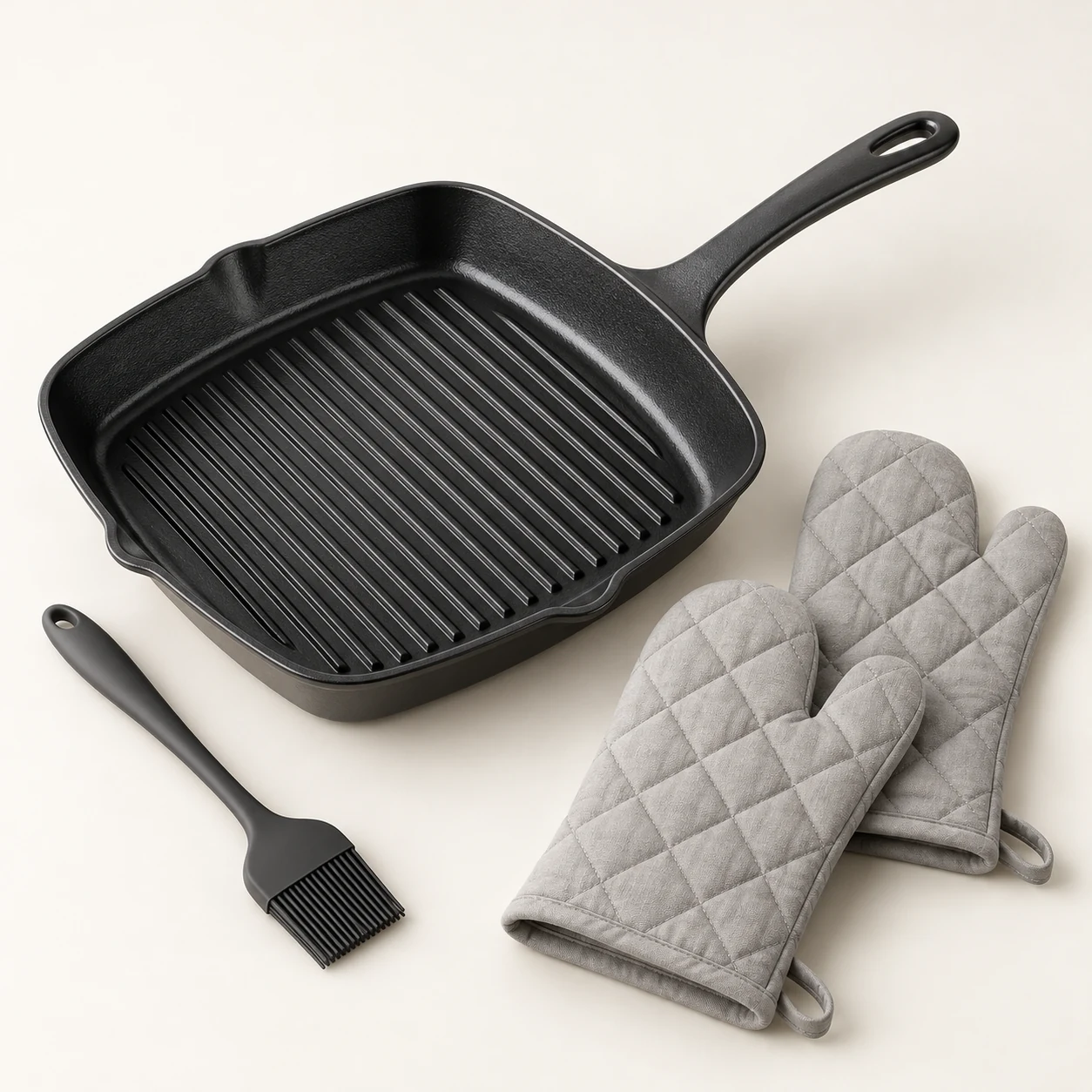 Cast Iron Grill Set — Grill pan + brush + 2 mitts